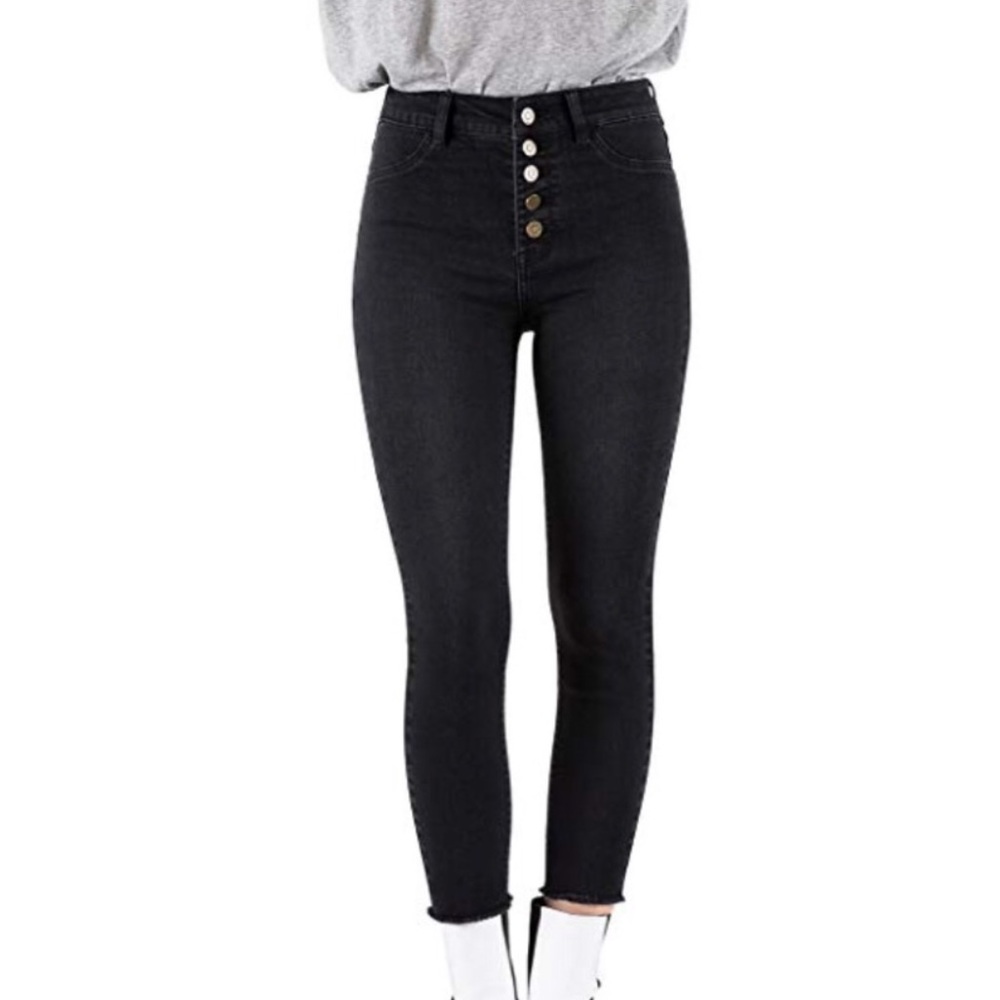 Pistola button fly jeans black raw hem high rise